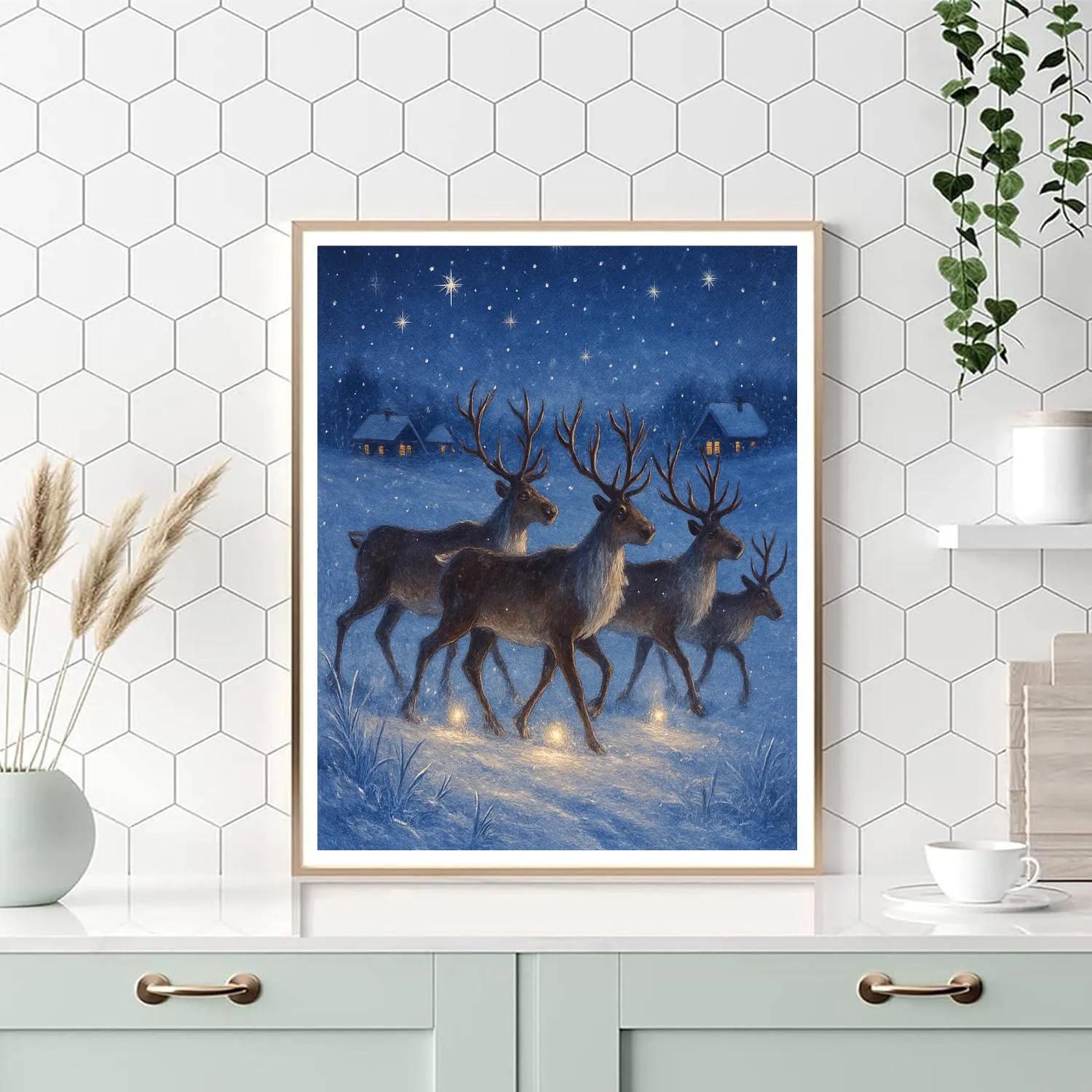 Reindeer Crossing Over Frozen Meadow Lights paint by number