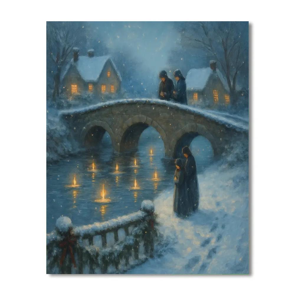 Snowy Bridge Of Wishes With Floating Candles Numbered painting kits