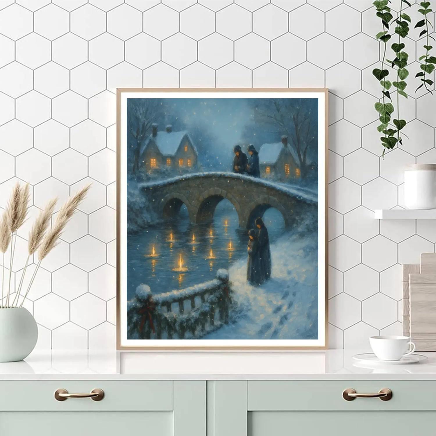 Snowy Bridge Of Wishes With Floating Candles Numbered painting kits