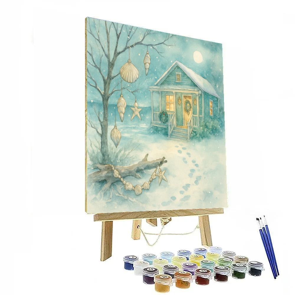 Coastal Cottage With Seashell Ornaments In Snow paint by numbers