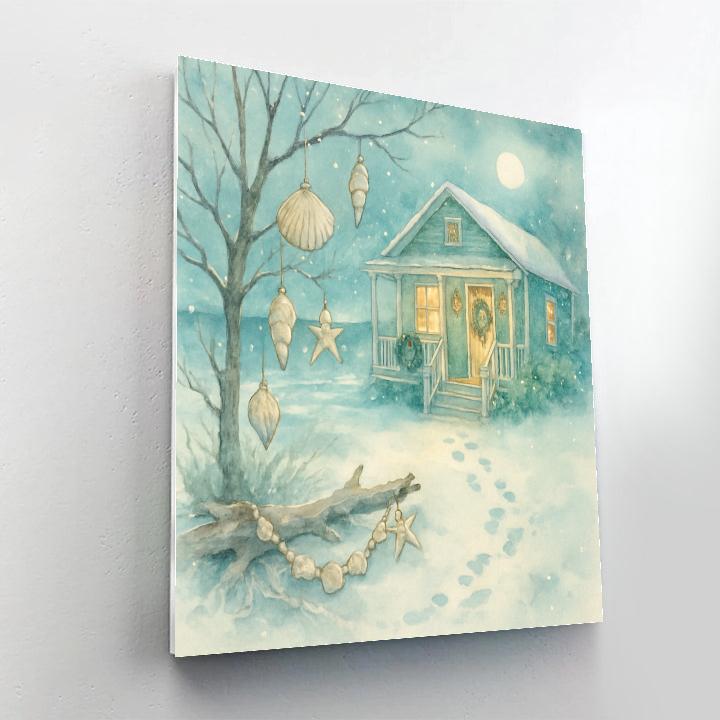 Coastal Cottage With Seashell Ornaments In Snow paint by numbers