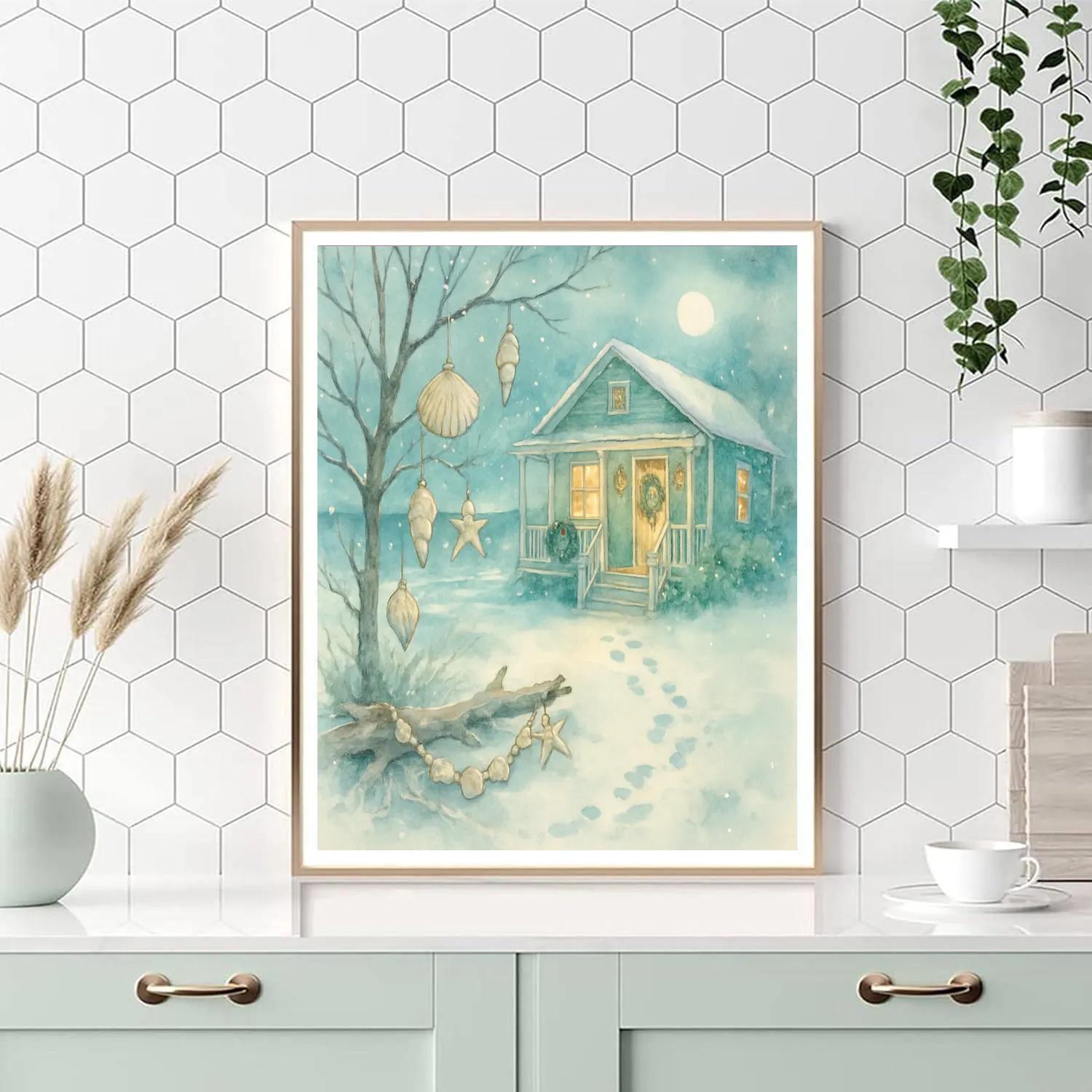 Coastal Cottage With Seashell Ornaments In Snow paint by numbers