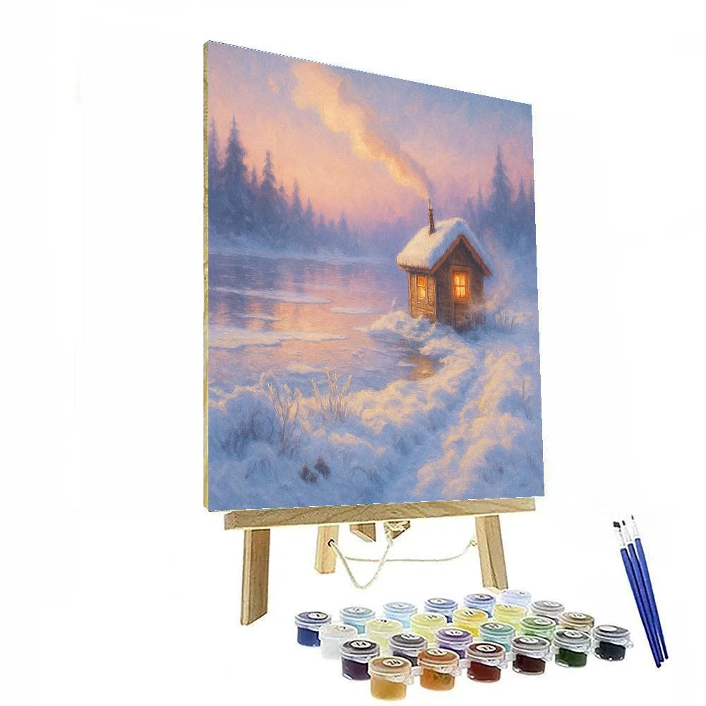 Sunrise Steam Above The Lakeside Sauna Cabin paint by numbers