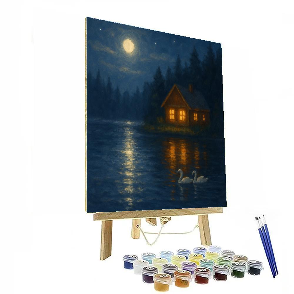 Moonlit Cabin Reflections In Silver Cove painting number kit