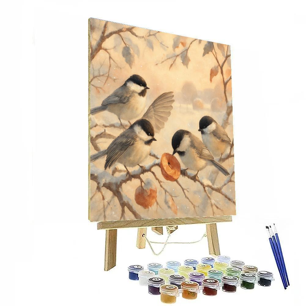 Snowy Orchard Chickadees Under A Peach Dawn Numbered painting kits