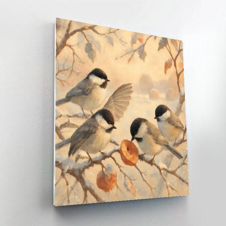 Snowy Orchard Chickadees Under A Peach Dawn Numbered painting kits