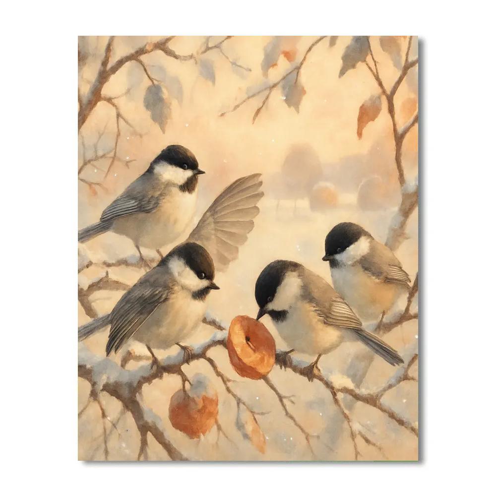Snowy Orchard Chickadees Under A Peach Dawn Numbered painting kits