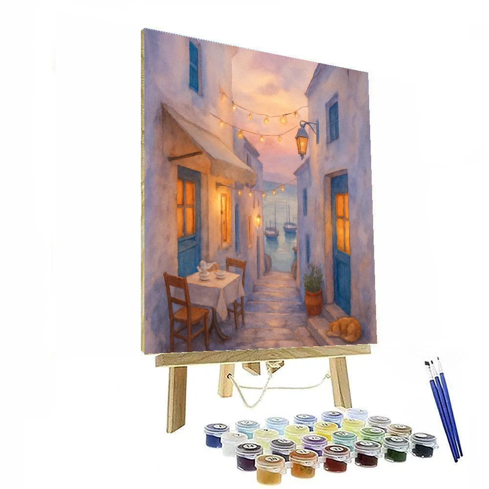 Seaside Alley Of Blue Doors And Evening Tea Paint by numbers kits