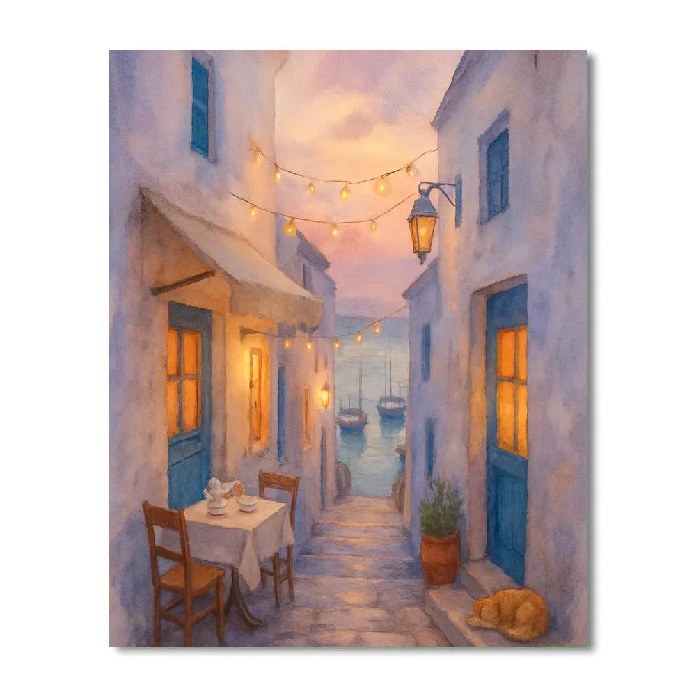 Seaside Alley Of Blue Doors And Evening Tea Paint by numbers kits