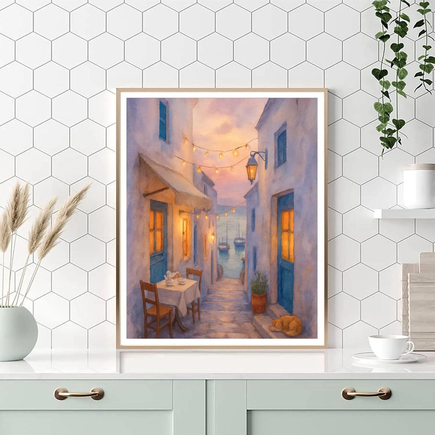 Seaside Alley Of Blue Doors And Evening Tea Paint by numbers kits