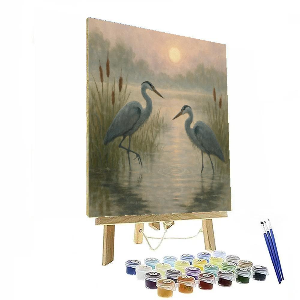 Herons In The Quiet Marsh Of Silver Fog DIY paint by numbers