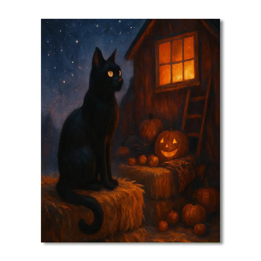 Black Cat Stargazer On The Hay Bale Balcony paint by number