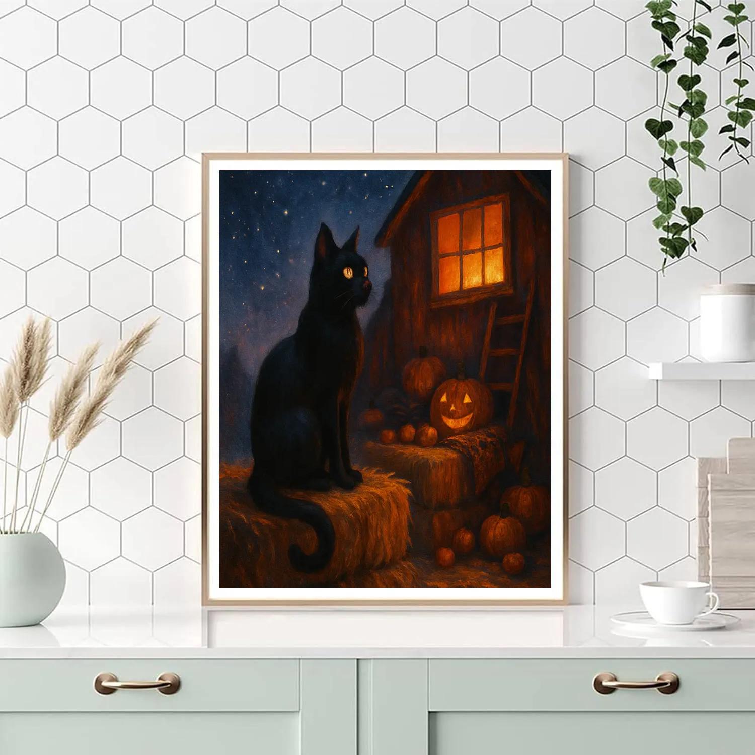 Black Cat Stargazer On The Hay Bale Balcony paint by number