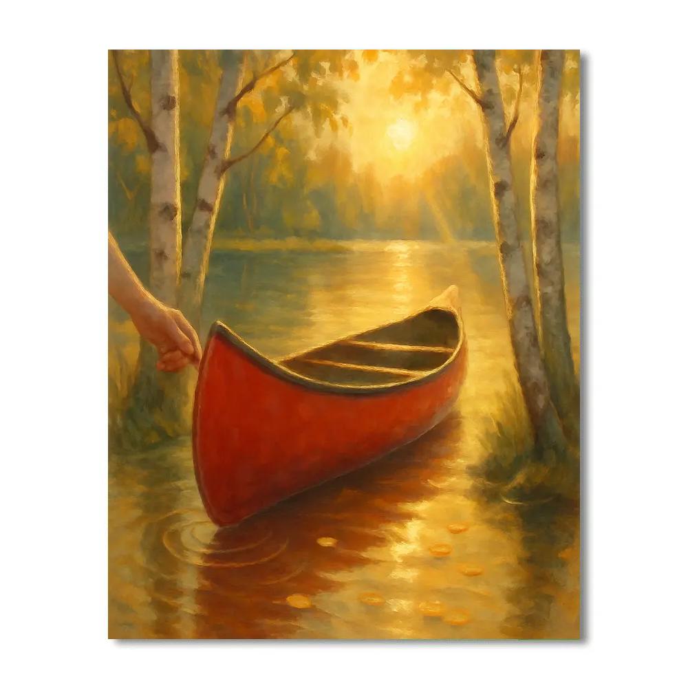 Golden Hour Canoe Under The Birch Glow Numbered painting kits
