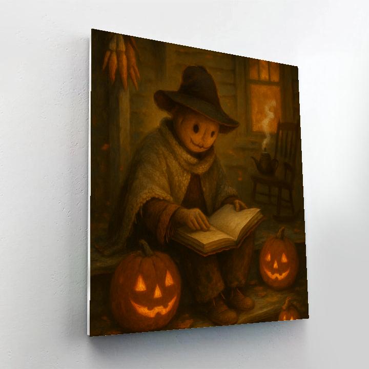 Cloaked Scarecrow Reading By Porch Pumpkinlight painting number kit