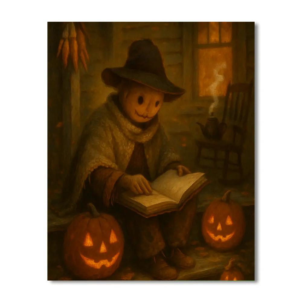 Cloaked Scarecrow Reading By Porch Pumpkinlight painting number kit
