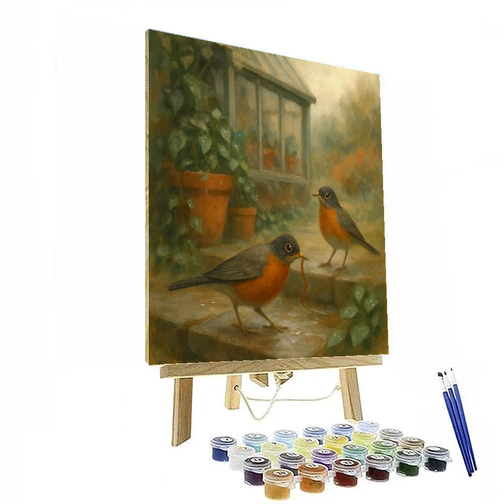 Robins At The Rain Washed Greenhouse Steps Paint by numbers kits