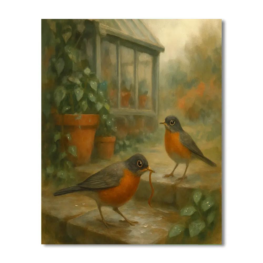 Robins At The Rain Washed Greenhouse Steps Paint by numbers kits