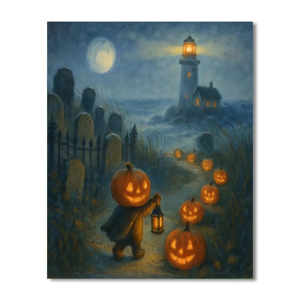 Moonlit Pumpkin Path To The Tiny Lighthouse Graveyard painting number kit