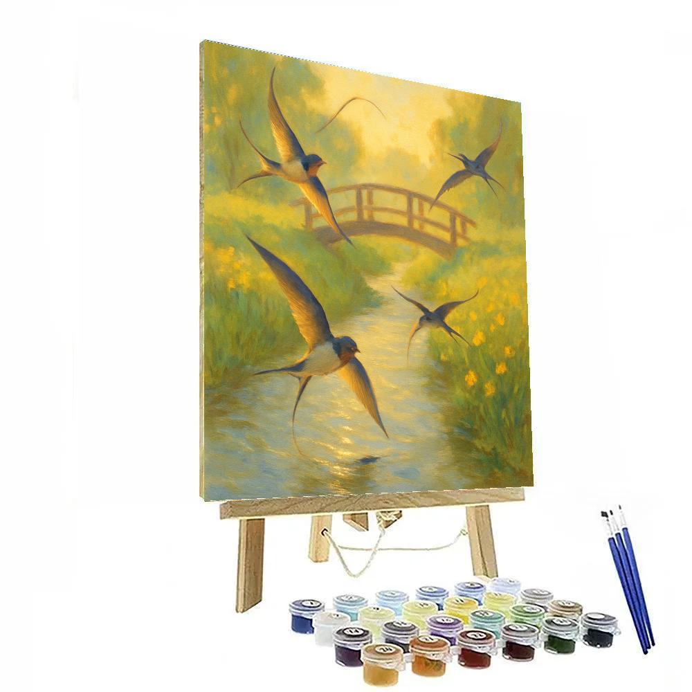 Swallows Above The Meadow Brook Footbridge Paint by numbers art