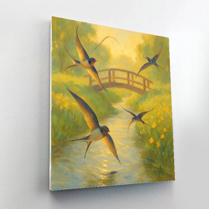 Swallows Above The Meadow Brook Footbridge Paint by numbers art