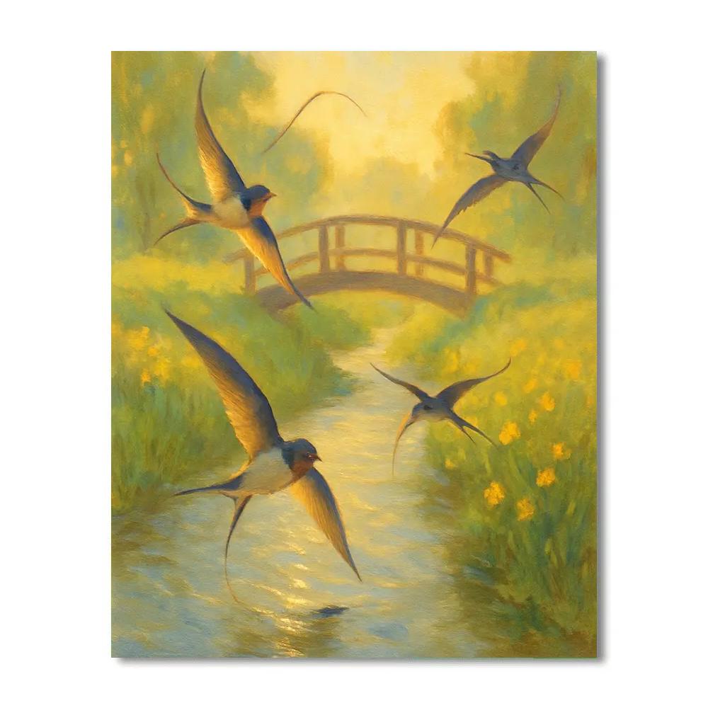 Swallows Above The Meadow Brook Footbridge Paint by numbers art