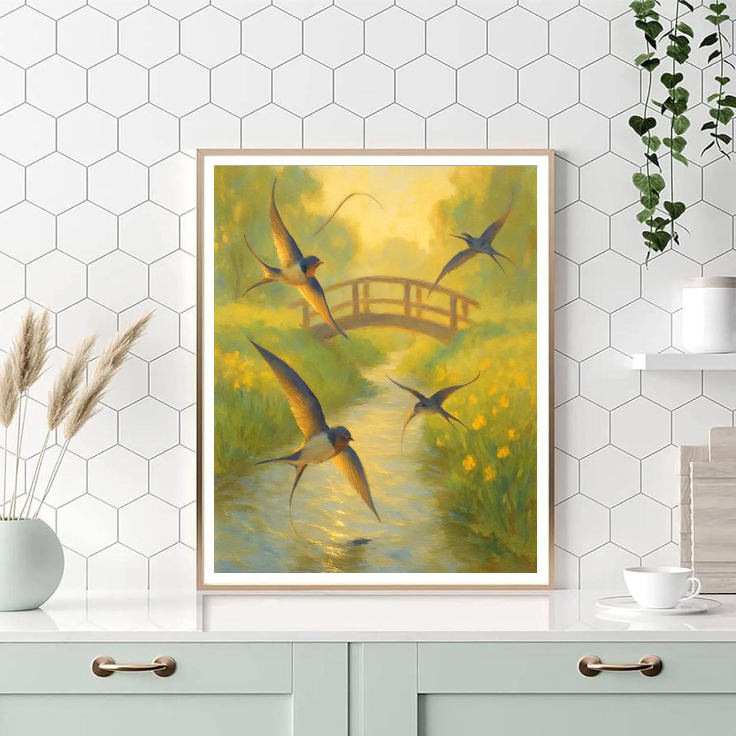 Swallows Above The Meadow Brook Footbridge Paint by numbers art