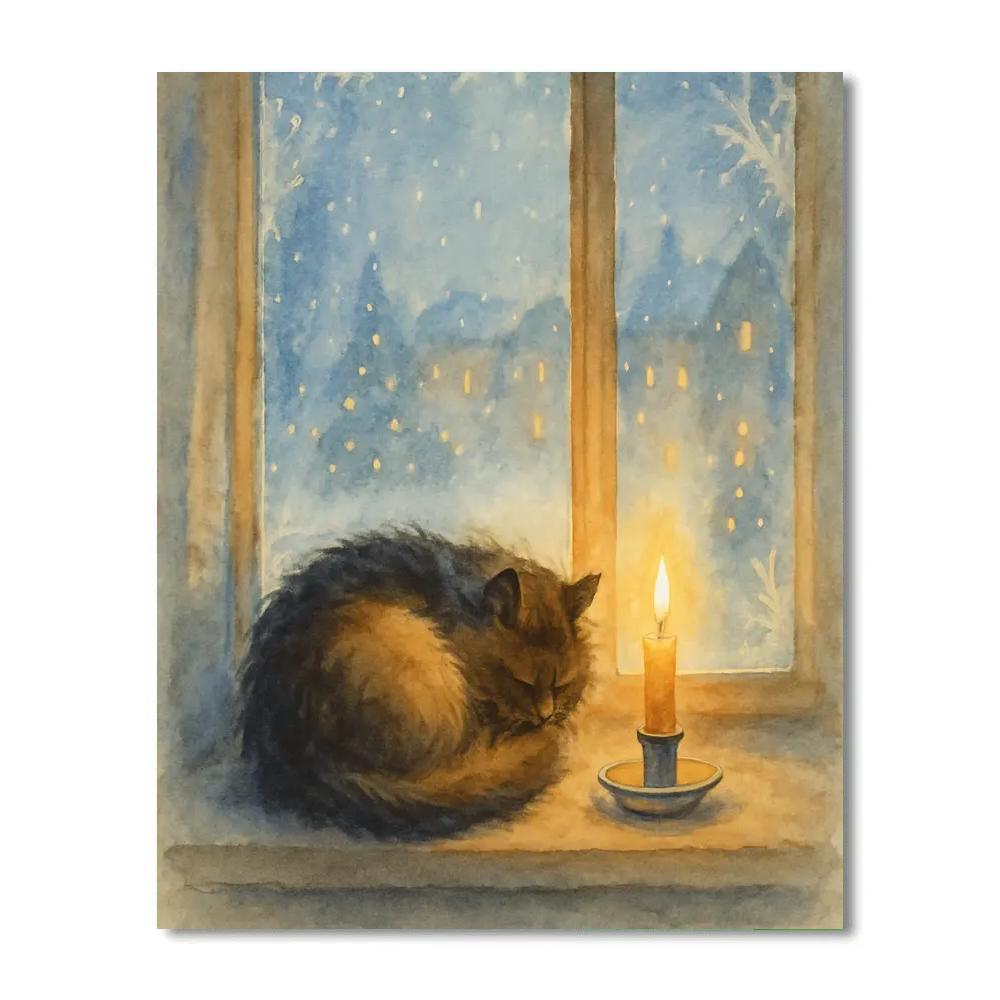 Snowy Window Cat And Candle DIY paint by numbers