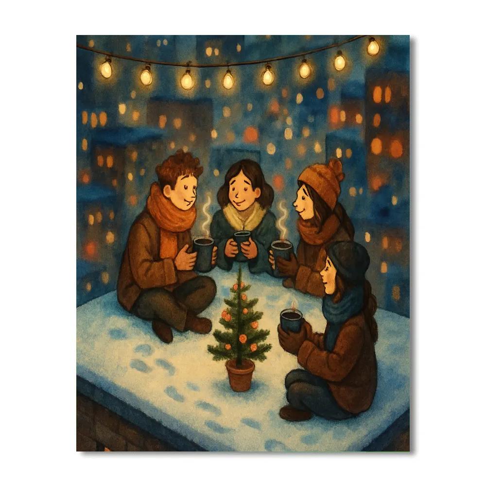 Snowy Rooftop Hot Cocoa Gathering Numbered painting kits