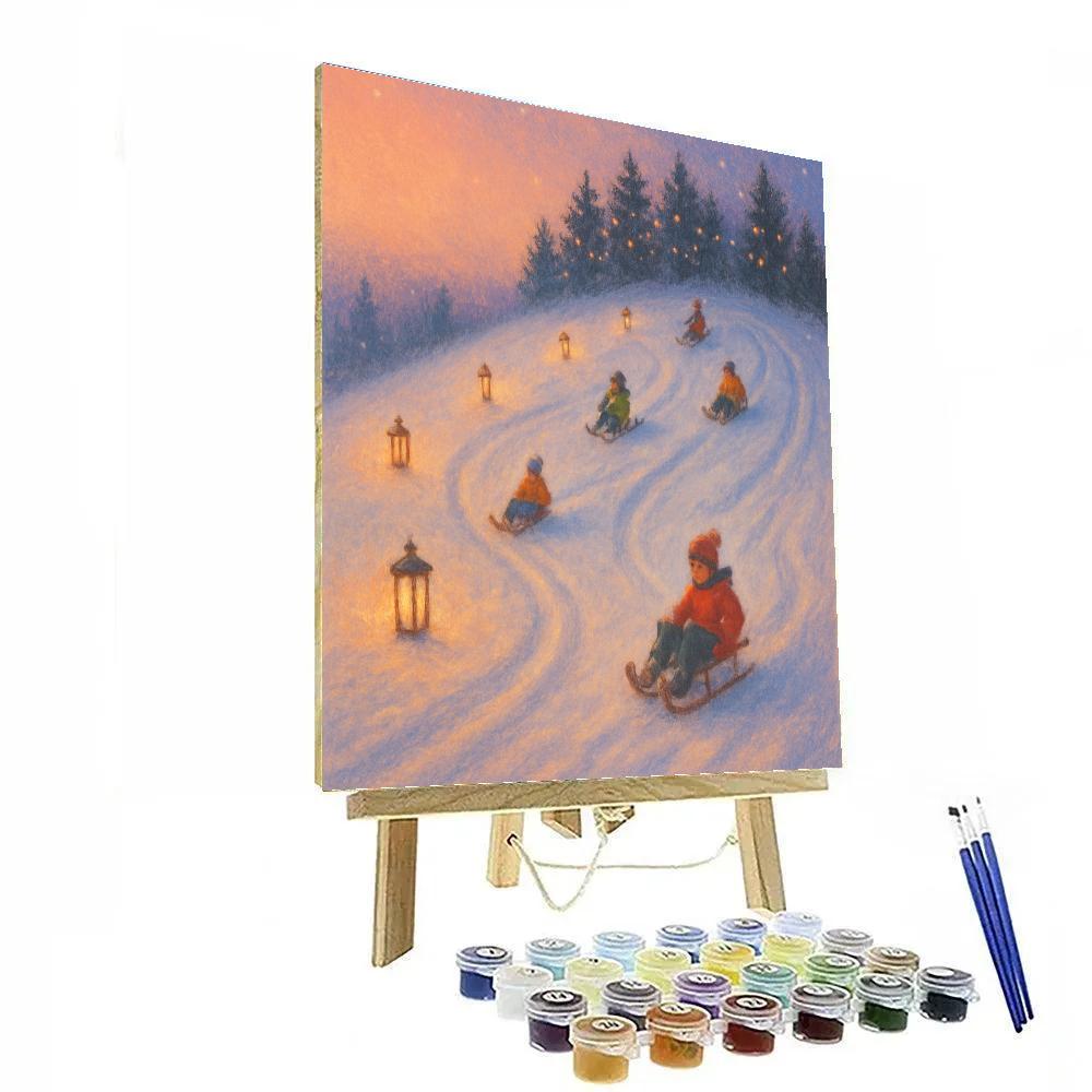 Lantern Lit Sledding Hill At Dusk Number painting