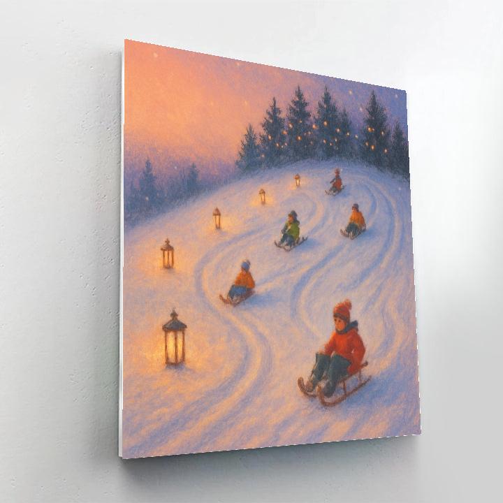 Lantern Lit Sledding Hill At Dusk Number painting