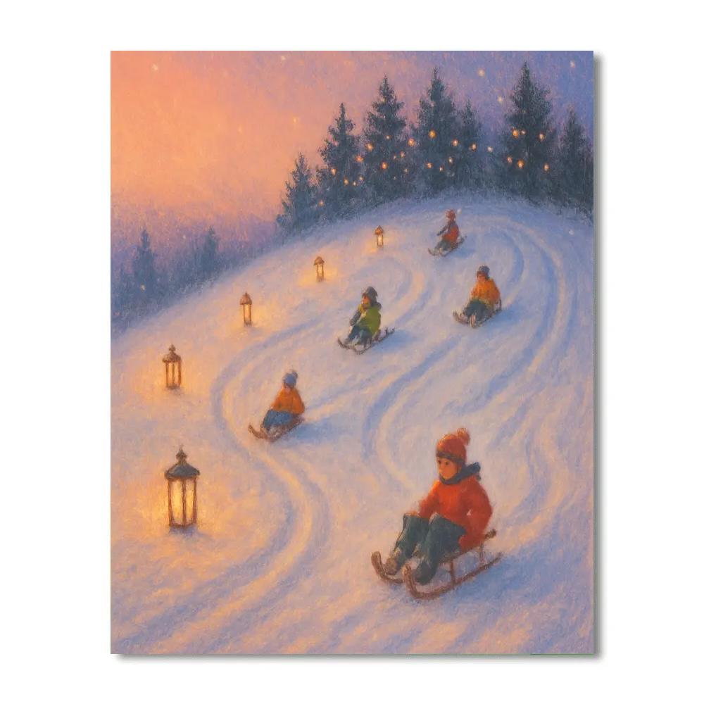 Lantern Lit Sledding Hill At Dusk Number painting