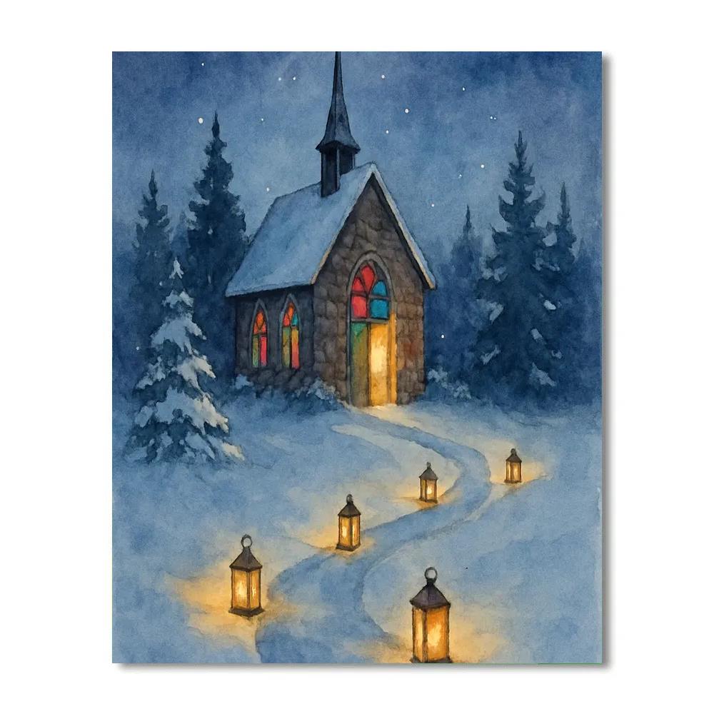 Snow Covered Chapel With Lantern Path painting number kit