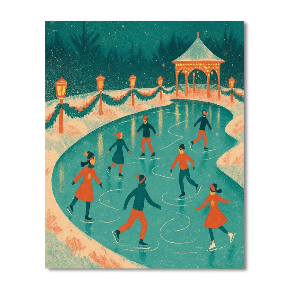 Holiday Ice Skating Pond Lantern Festival painting number kit