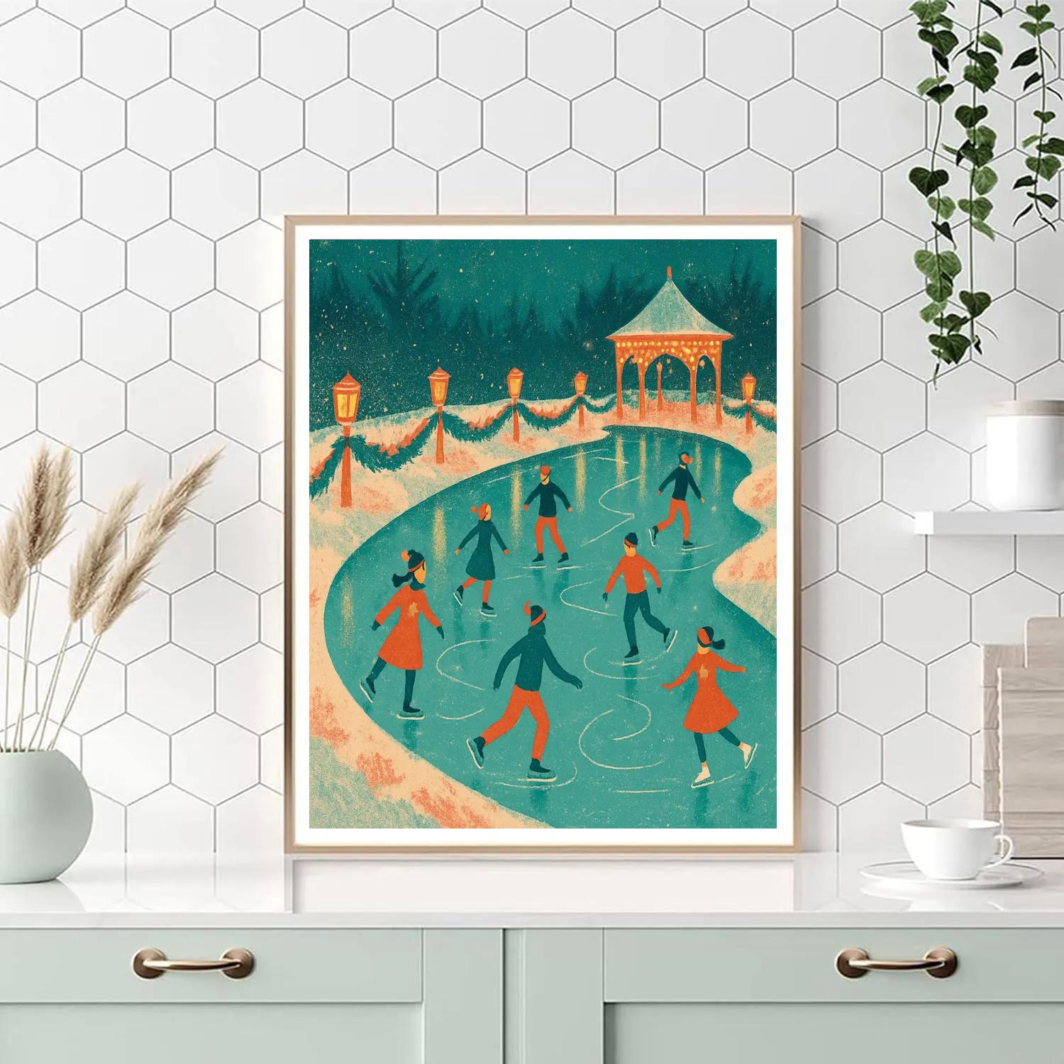 Holiday Ice Skating Pond Lantern Festival painting number kit