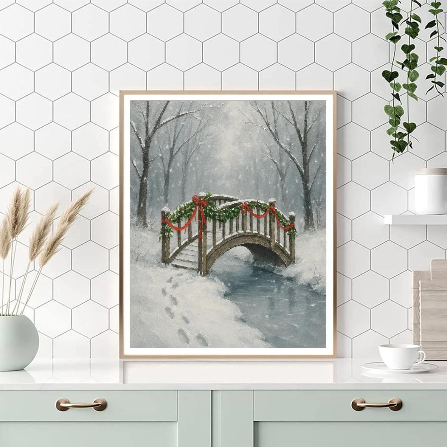 Mistletoe Bridge Over Frozen Stream paint by number