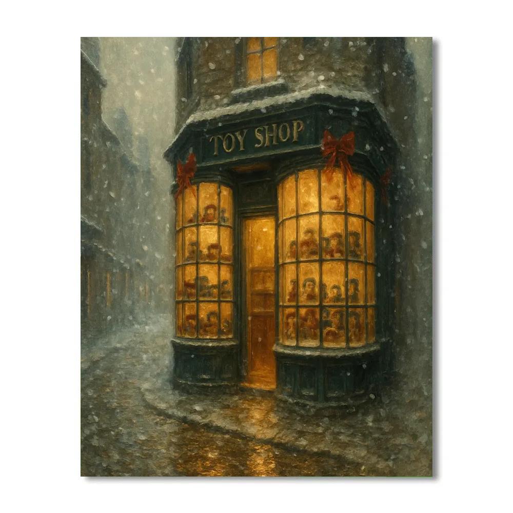Snowfall Over Vintage Toy Shop paint by numbers