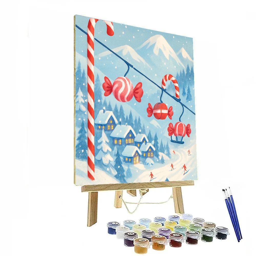 Candy Cane Ski Lift Over Village paint by number