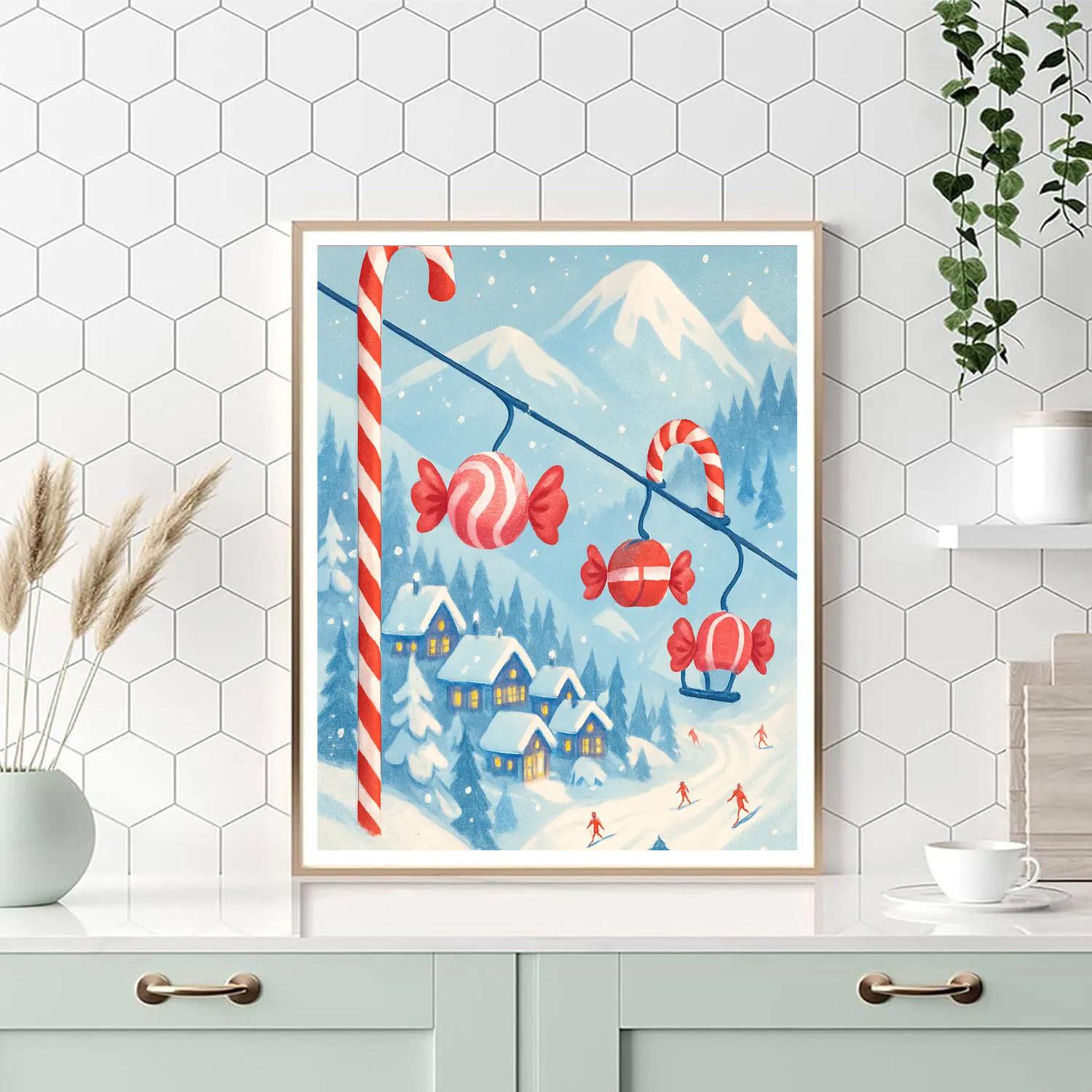Candy Cane Ski Lift Over Village paint by number