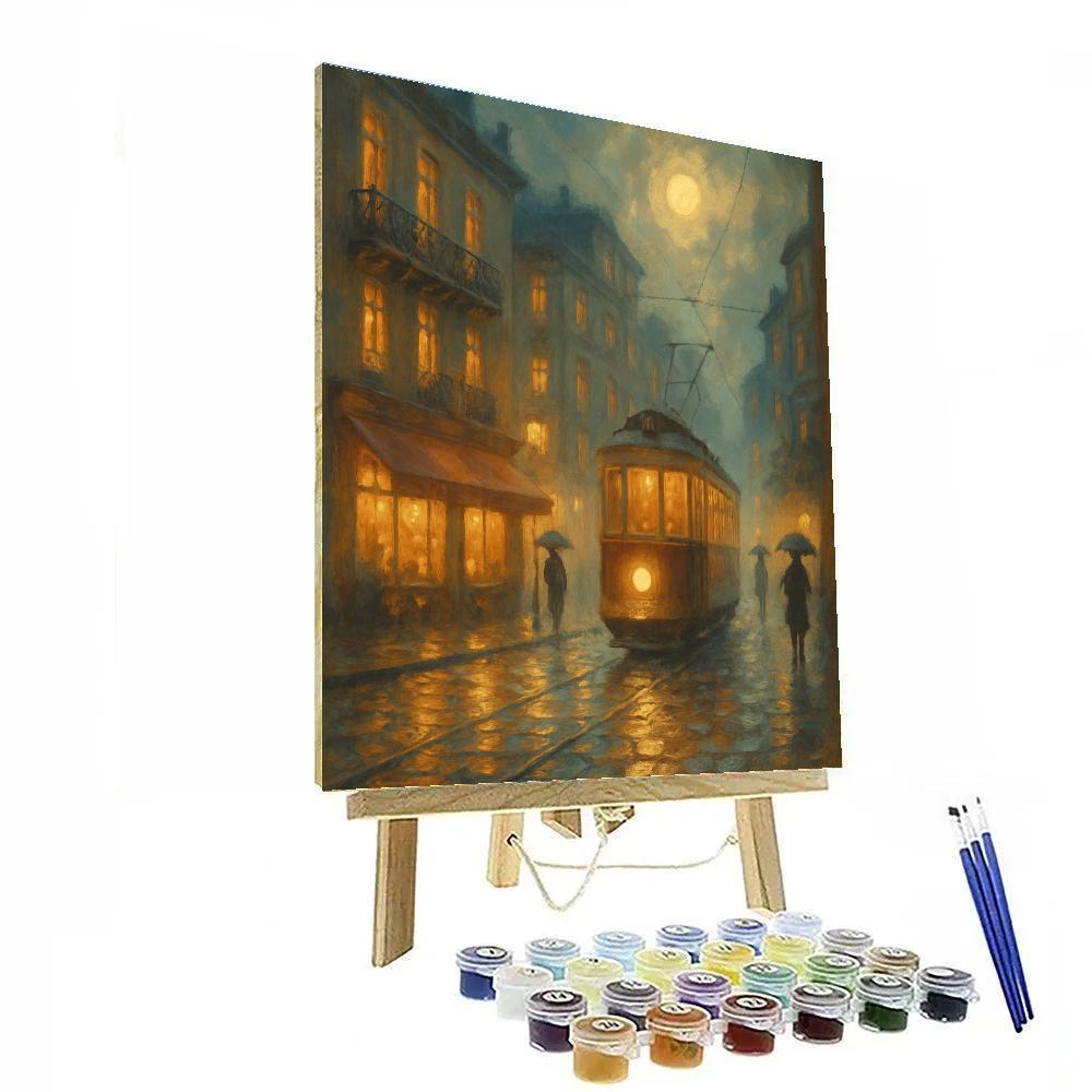 Moonlit Tram Through The Amber Mist Paint by numbers art