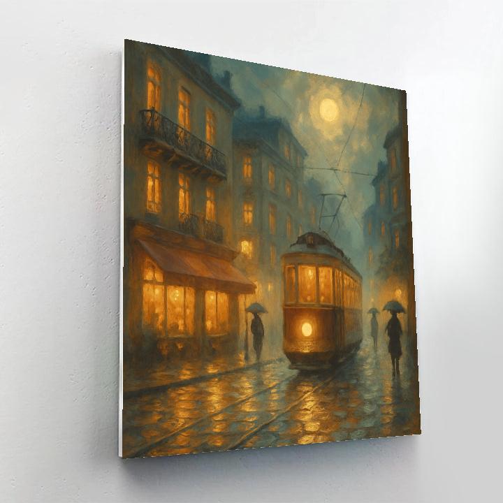 Moonlit Tram Through The Amber Mist Paint by numbers art