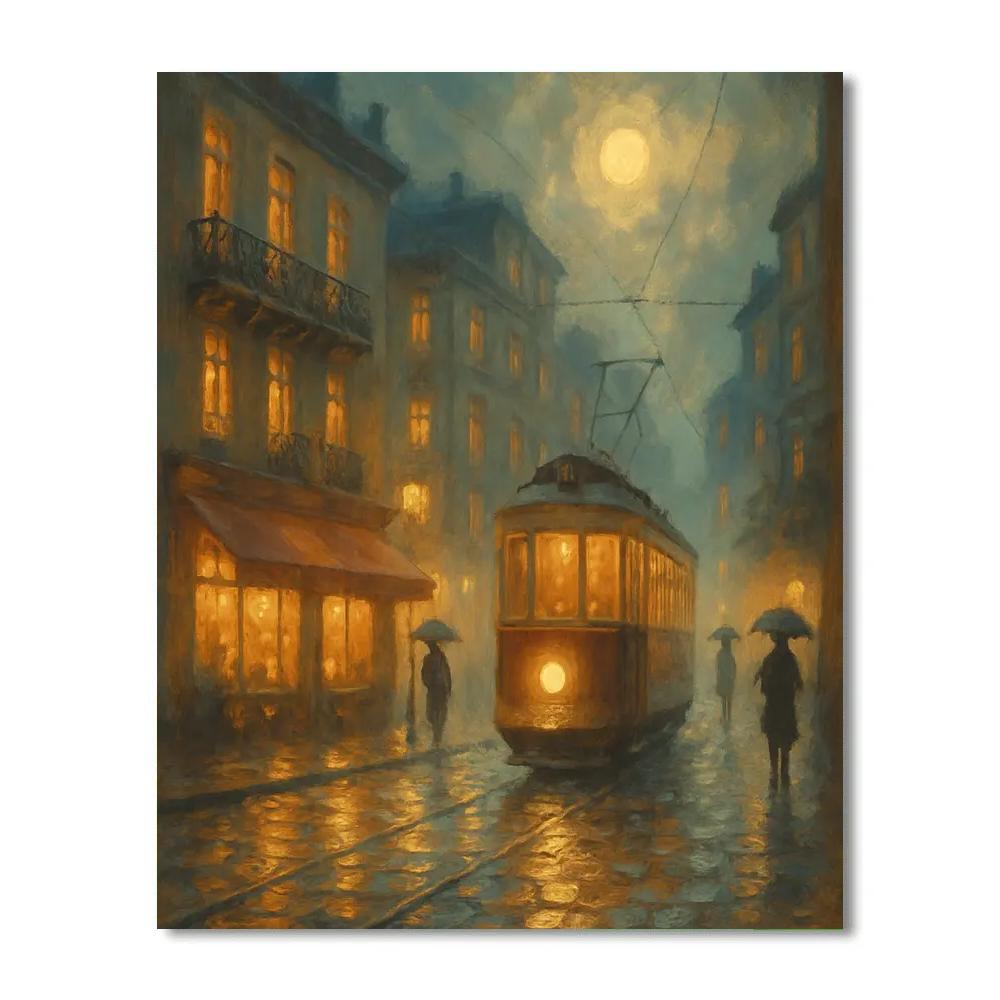 Moonlit Tram Through The Amber Mist Paint by numbers art