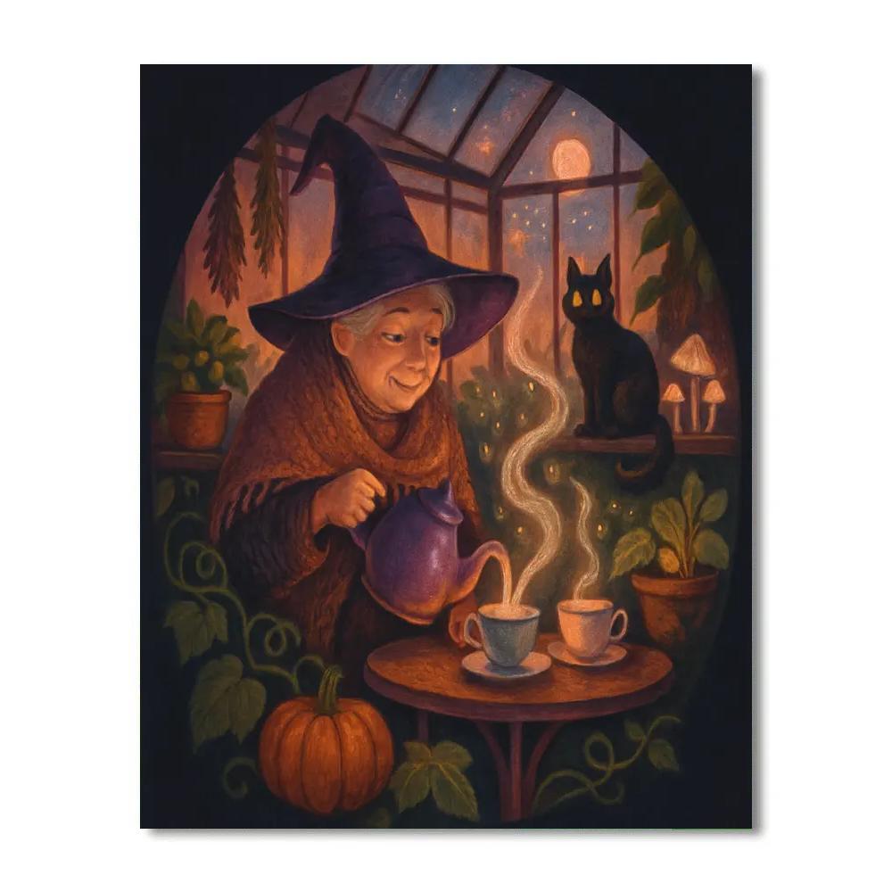 Moonlit Tea Party At The Witchs Greenhouse painting number kit