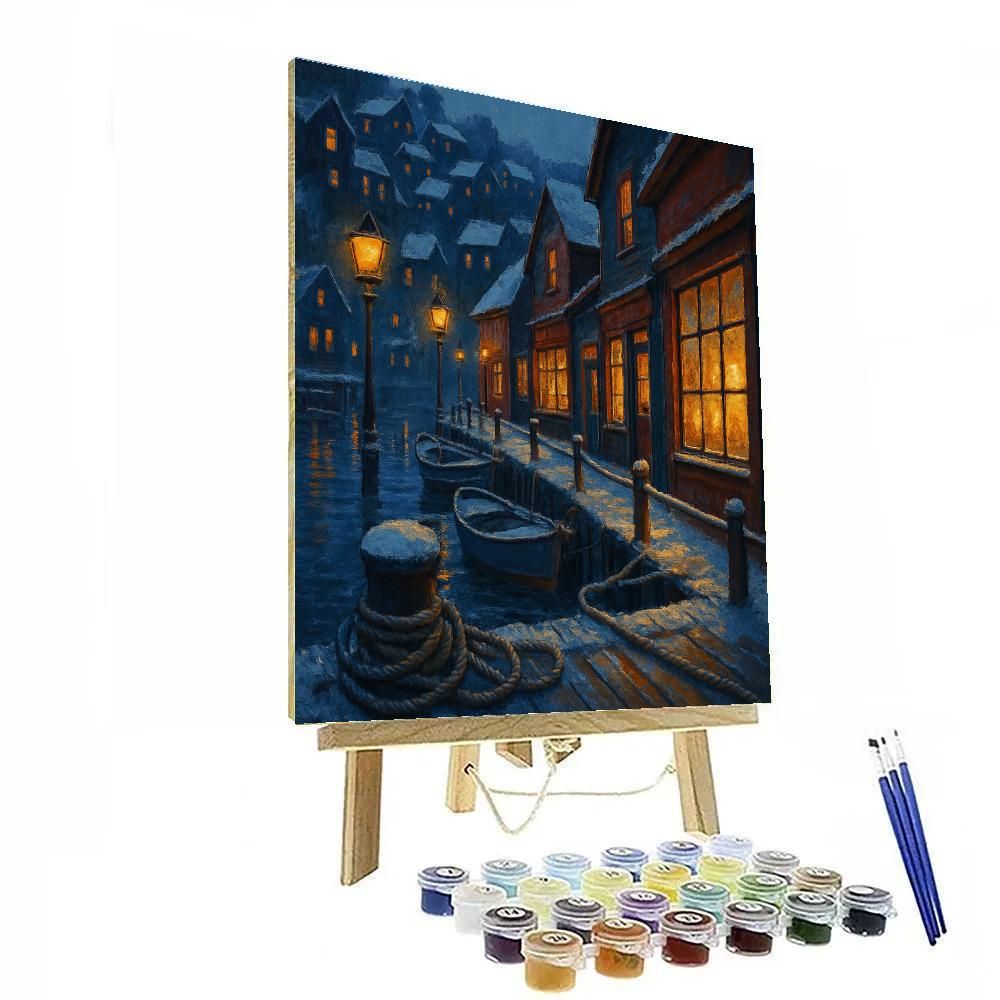 Candlelit Harbor Lane With Winter Boats Number painting