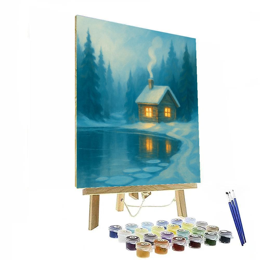 Cabin Windows Shimmer On Winter Quiet Lake paint by number