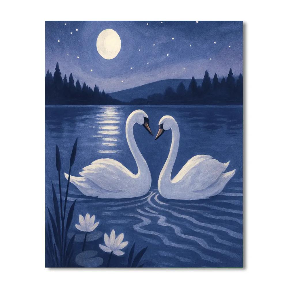 Moonlit Swans Crossing The Indigo Glasswater Paint by numbers kits
