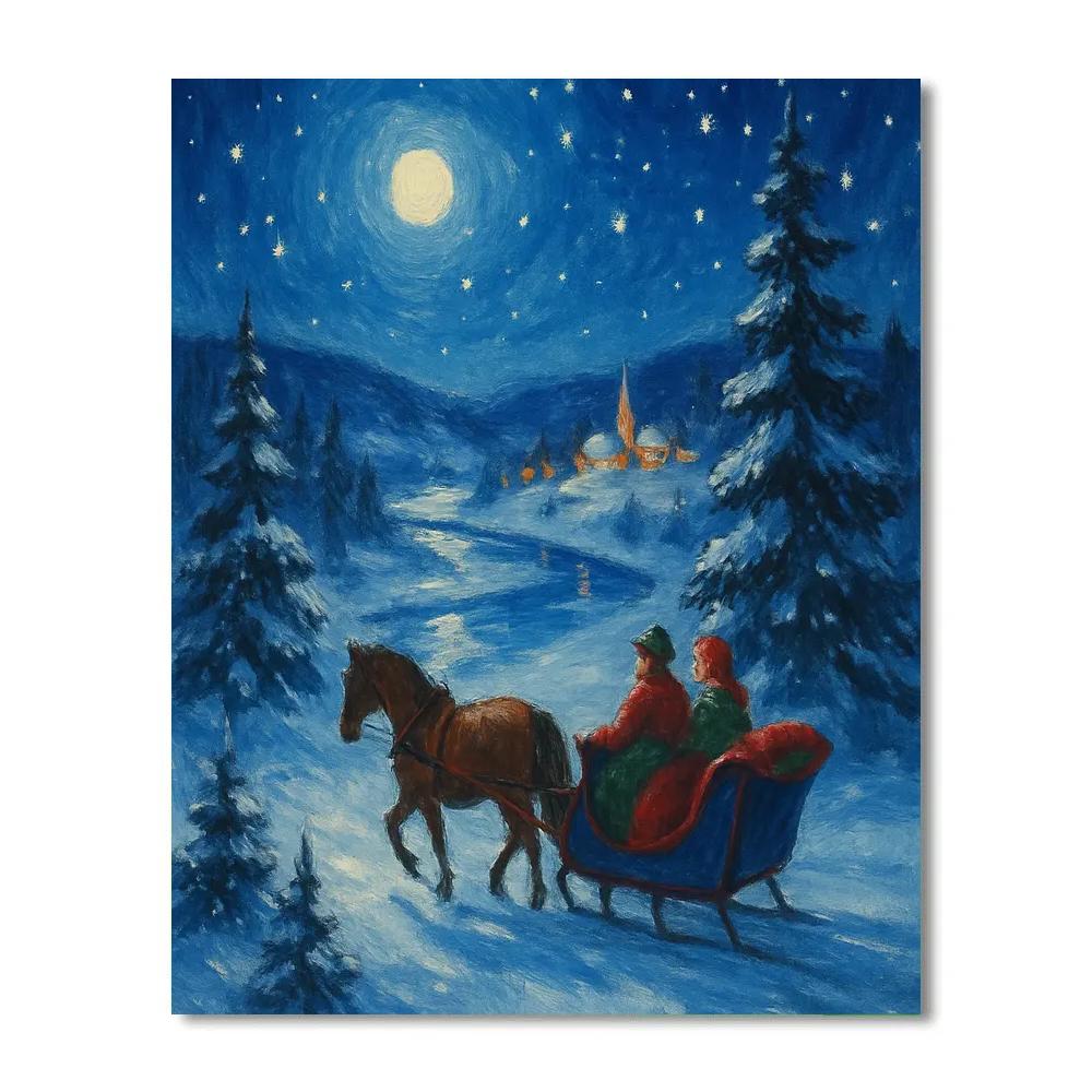 Starlit Sleigh Ride Over Frozen Valley Number painting