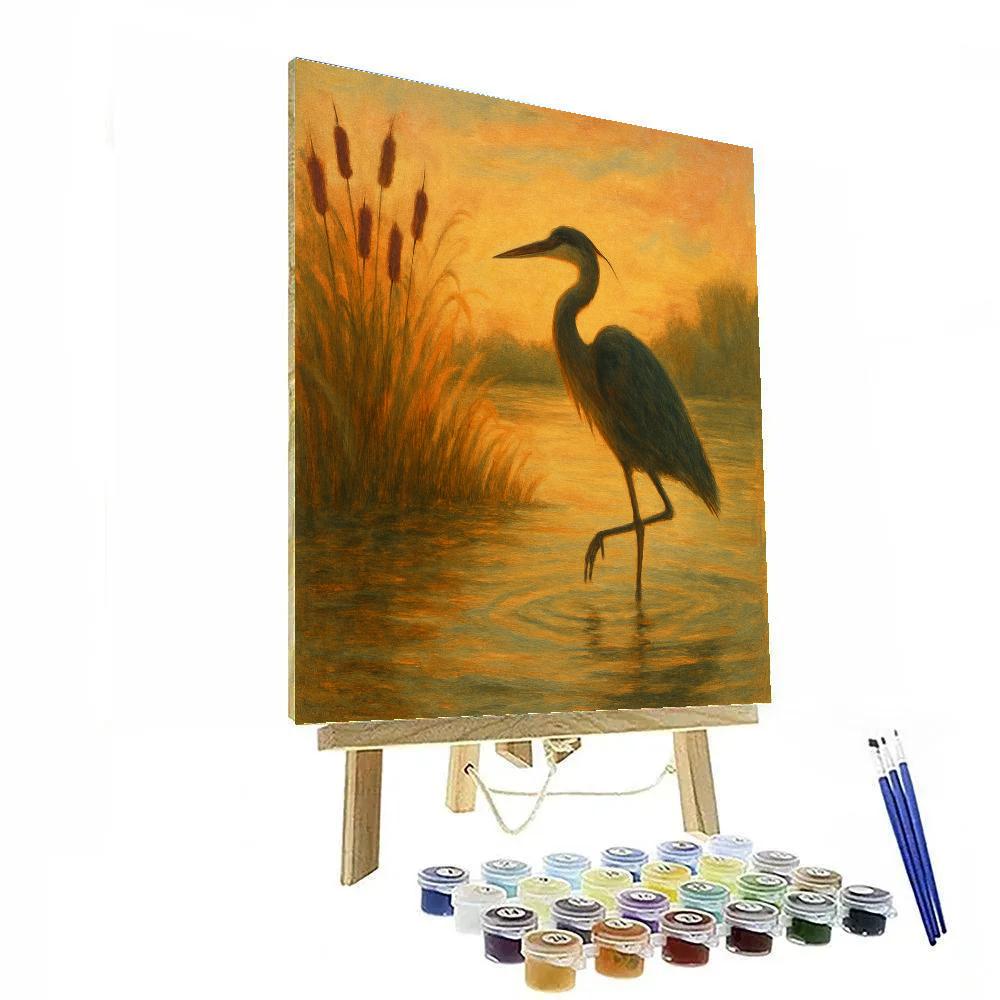 Golden Reed Marsh At Sunset With Heron Poised Numbered painting kits