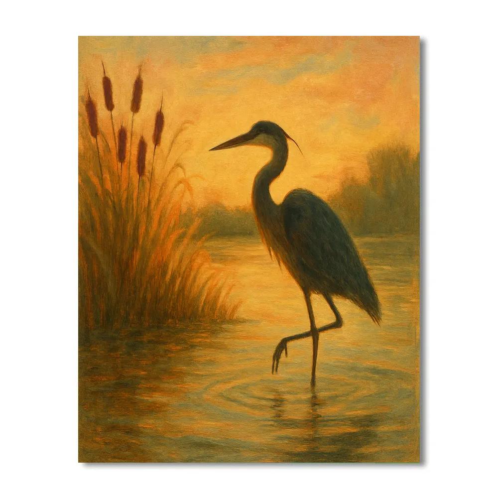 Golden Reed Marsh At Sunset With Heron Poised Numbered painting kits