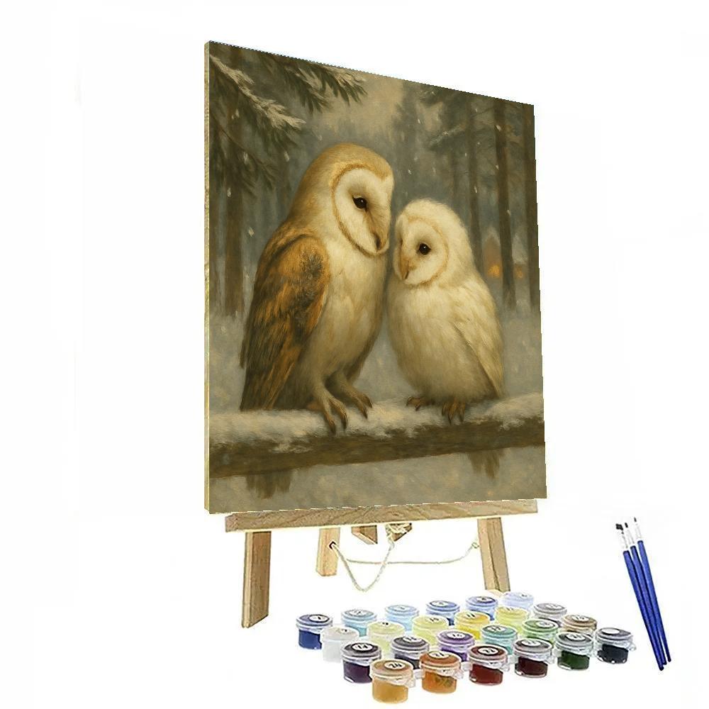 Snowy Barn Owls Under Pine Shadow Painting by numbers kit